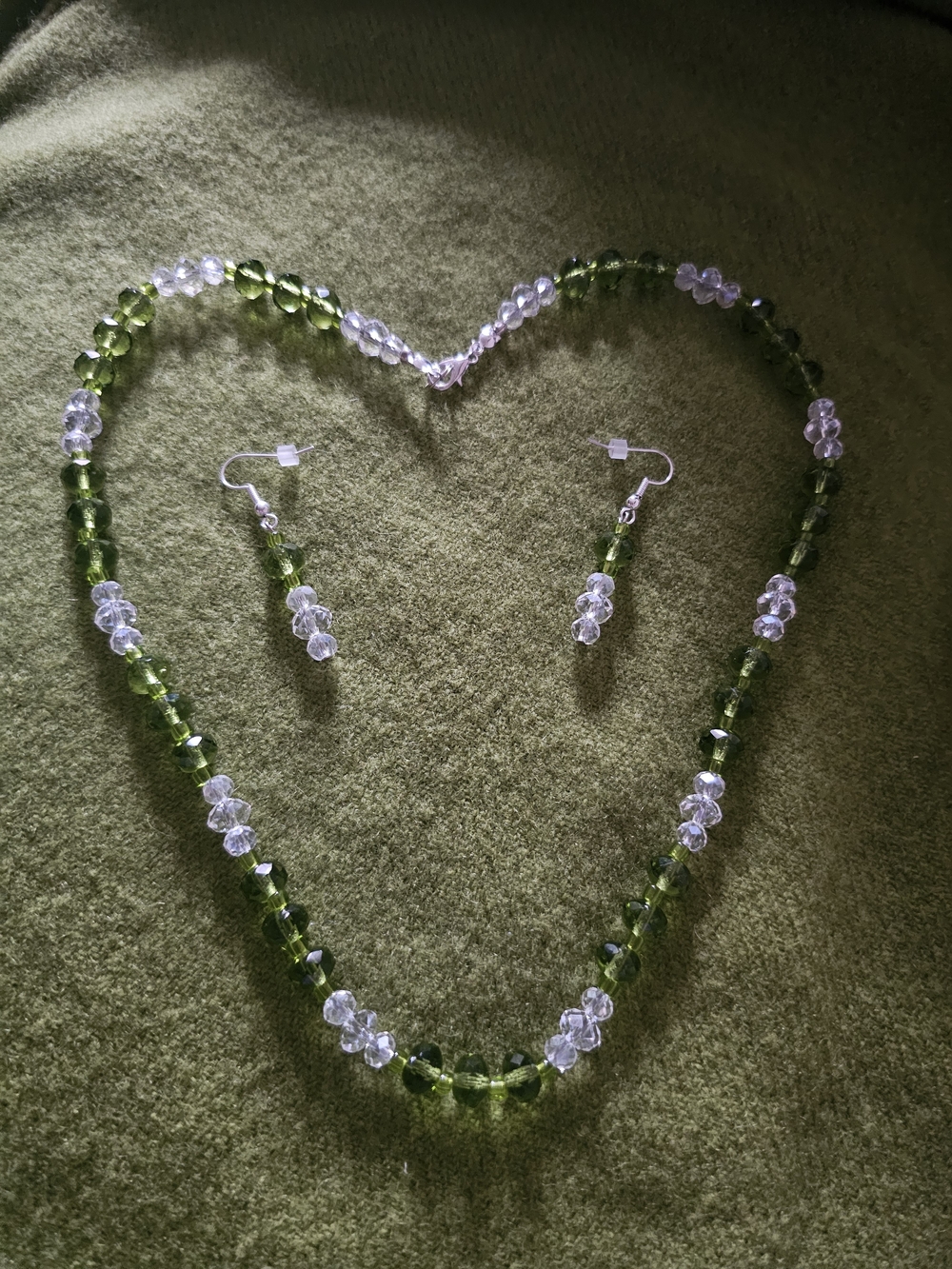 Green and Clear Beaded Necklace with Matching Earrings